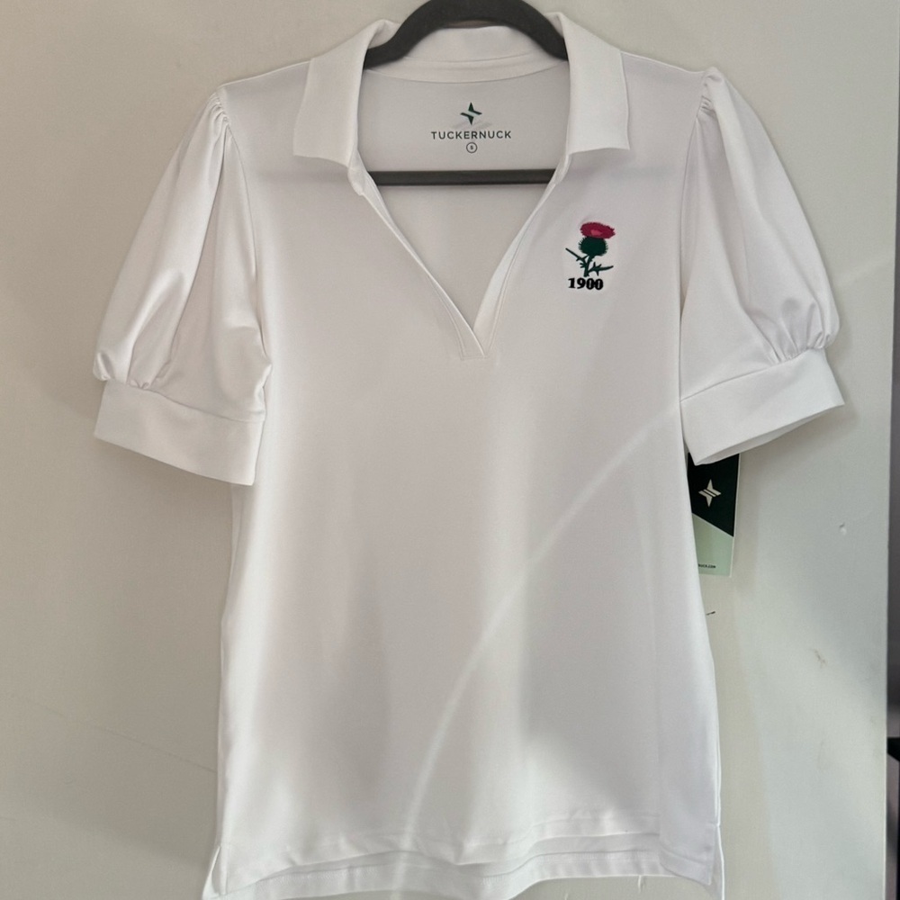 Tuckernuck Sport White Puff Sleeve Performance Jersey Caroline Polo